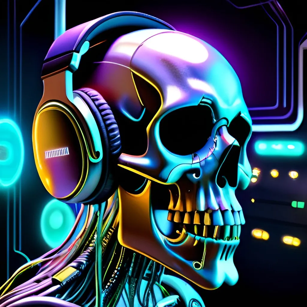 Prompt: Futuristic-biomechanical illustration of a skull wearing headphones, metallic and organic textures, glowing neon accents, high-tech cyberpunk setting, intricate wiring and circuitry, eerie and surreal atmosphere, highres, ultra-detailed, cyberpunk, biomechanical, futuristic, glowing neons, intricate details, eerie atmosphere, skull, headphones, metallic textures, organic textures, advanced lighting