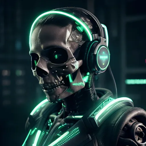 Prompt: Futuristic-biomechanical illustration of a skull wearing headphones, metallic and organic textures, glowing neon accents, high-tech cyberpunk setting, intricate wiring and circuitry, eerie and surreal atmosphere, highres, ultra-detailed, cyberpunk, biomechanical, futuristic, glowing neons, intricate details, eerie atmosphere, skull, headphones, metallic textures, organic textures, advanced lighting