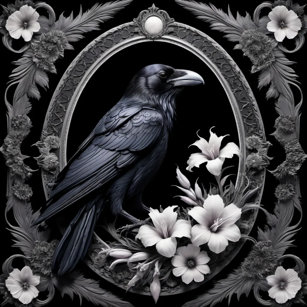 Prompt: One raven enclosed in a cameo, black, white, surrounded by cosmos flowers, gladiolus flowers, leaves, gothic style, high quality, detailed, gothic, dark tones, cosmic flowers, raven, monochrome, detailed feathers, intricate design, haunting atmosphere, professional lighting