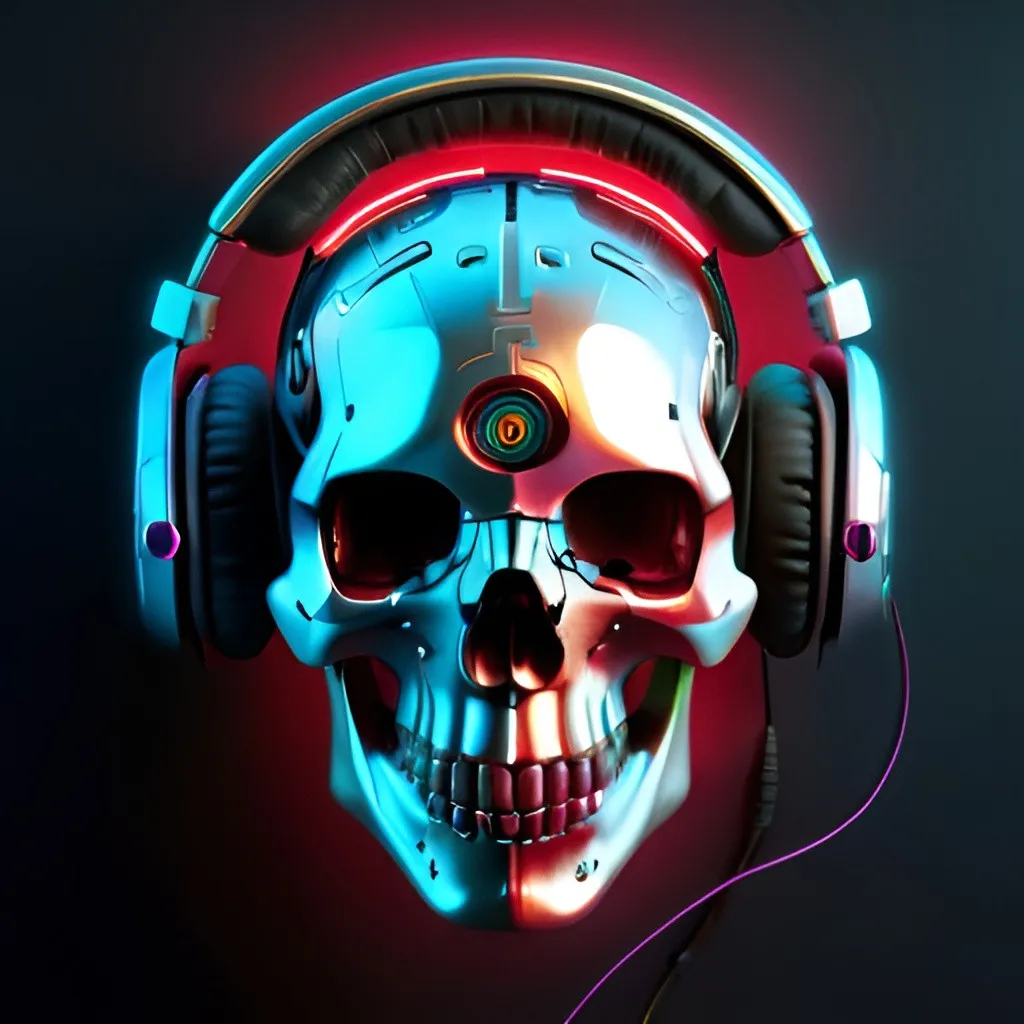 Prompt: Futuristic-biomechanical depiction of a human skull wearing headphones, metallic texture with intricate circuitry, glowing neon accents, high-tech audio equipment, detailed and realistic, dark and moody lighting, cyberpunk color palette, intense and atmospheric, high quality, ultra-detailed, biomechanical, cyberpunk, futuristic, skull, headphones, metallic texture, glowing neon, audio equipment, intricate circuitry, dark lighting, moody atmosphere