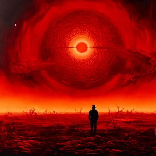 Prompt: an art piece with a lonely man in a sea of blood staring at the horizon of black mass planets collapsing, 