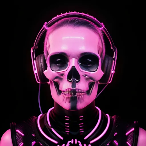 Prompt: Skull wearing headphones, digital illustration, neon cyberpunk theme, glowing neon colors, intricate skull details, high quality, digital art, cyberpunk, neon colors, detailed skull, futuristic, glowing, atmospheric lighting