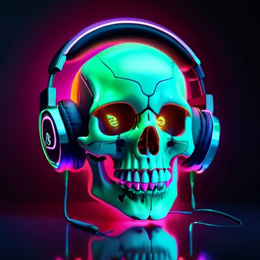 Prompt: Skull wearing headphones, digital illustration, neon cyberpunk theme, glowing neon colors, intricate skull details, high quality, digital art, cyberpunk, neon colors, detailed skull, futuristic, glowing, atmospheric lighting