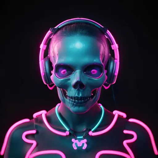 Prompt: Skull wearing headphones, digital illustration, neon cyberpunk theme, vibrant electric blue and neon pink tones, glowing wireframe headphones, detailed skull features, high quality, digital art, cyberpunk, neon colors, futuristic, detailed skull, vibrant lighting