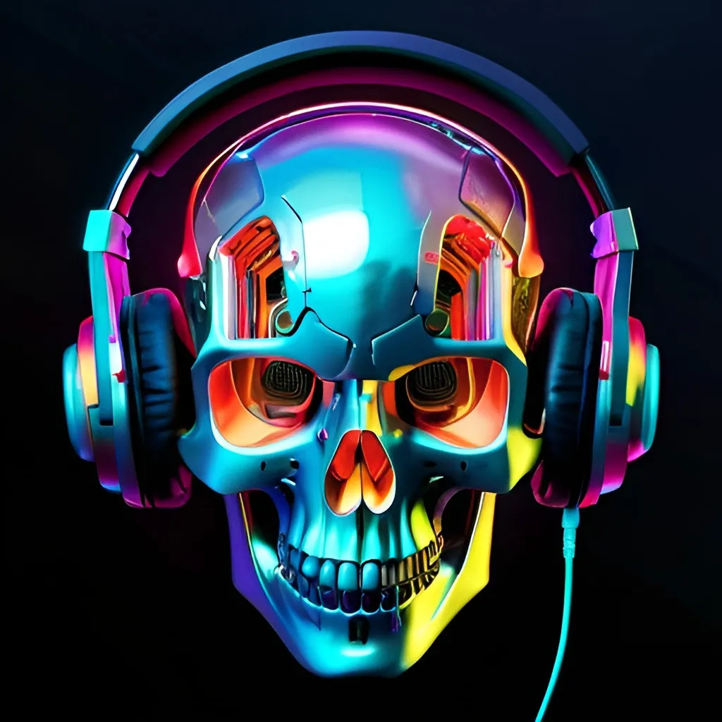 Prompt: Futuristic-biomechanical depiction of a human skull wearing headphones, metallic texture with intricate circuitry, glowing neon accents, high-tech audio equipment, detailed and realistic, dark and moody lighting, cyberpunk color palette, intense and atmospheric, high quality, ultra-detailed, biomechanical, cyberpunk, futuristic, skull, headphones, metallic texture, glowing neon, audio equipment, intricate circuitry, dark lighting, moody atmosphere