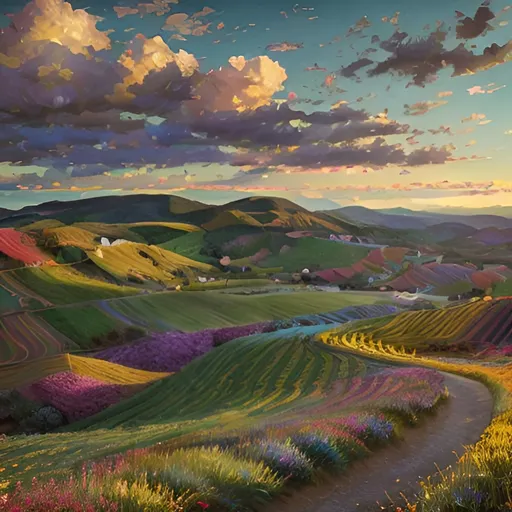 Prompt: Landscape painting, vibrant colors, rolling hills, bright sky, Impressionism brushwork, Digital Pixel Art, lively atmosphere, digital overlays, fusion of eras, surrealism, sunlit hills, vibrant atmosphere, dreamlike, highres, vivid colors, surrealistic, impressionist brushwork, pixel art fusion, vibrant sky, detailed landscape, professional, atmospheric lighting, blending of artistic eras