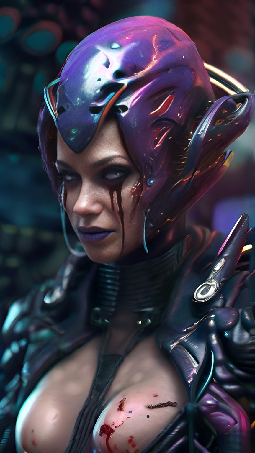 Prompt: Sci-fi, fantasy, blood splattered satanic female alien, cyberpunk inspired, sharp focus, digital art, hyper realistic, unreal engine, highly detailed, 8k resolution, colourful 