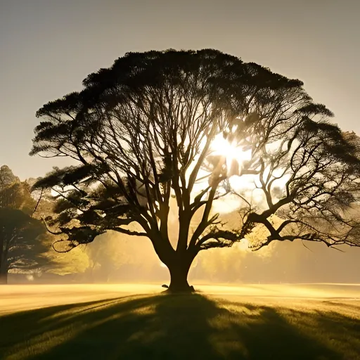 Prompt: a serene landscape scene at either sunrise or sunset. It shows a large tree in the foreground with sunlight filtering beautifully through its leaves and branches, casting a warm, golden light and creating a striking silhouette. The ground is uneven, with tufts of grass and possibly small mounds or rocks scattered across it. There's a soft mist in the air, contributing to a tranquil and somewhat ethereal atmosphere. Other trees can be seen in the background, but they are less distinct. The overall effect is one of peacefulness and natural beauty, emphasizing the quiet majesty of the trees and the soft, diffused light of the golden hour.