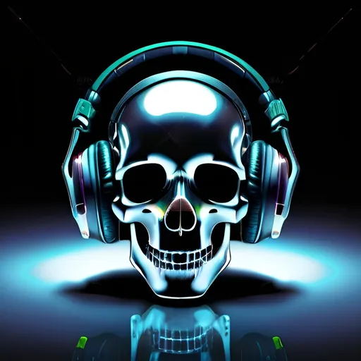Prompt: Futuristic-biomechanical depiction of a human skull wearing headphones, metallic texture with intricate circuitry, glowing neon accents, high-tech audio equipment, detailed and realistic, dark and moody lighting, cyberpunk color palette, intense and atmospheric, high quality, ultra-detailed, biomechanical, cyberpunk, futuristic, skull, headphones, metallic texture, glowing neon, audio equipment, intricate circuitry, dark lighting, moody atmosphere