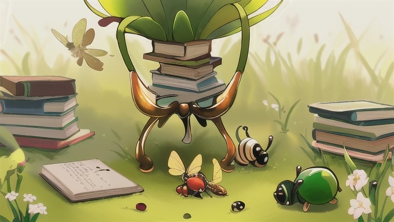 Prompt: Imagine a lush green meadow, bathed in the golden glow of the setting sun. In the distance, a tiny ladybug scurries along a blade of grass, while a miniature snail slowly makes its way across a pebble path. Overhead, a delicate dragonfly hovers, its iridescent wings shimmering in the warm light. In the foreground, stack of vintage books, each filled with secrets waiting to be revealed. 