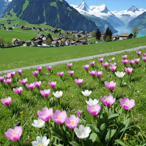 Prompt: Show a lovely pasture in Switzerland with the spring flowers in full bloom
Add 250,000 more flowers