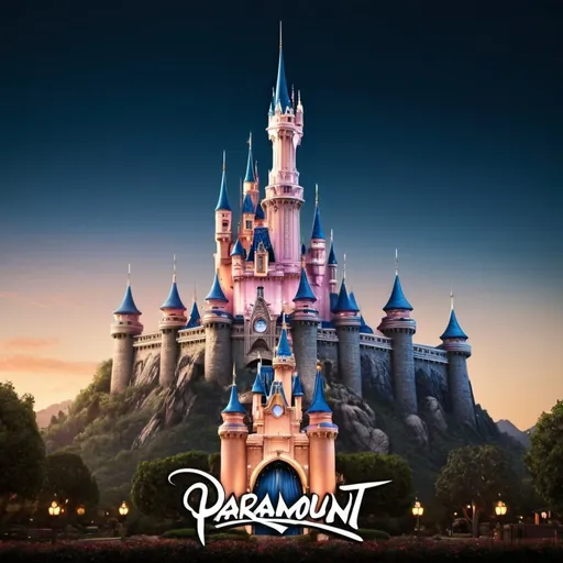 Prompt: Paramount logo with Disney castle