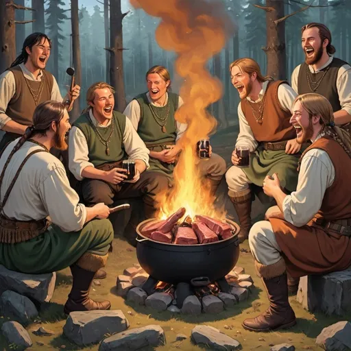 Prompt: Anime style group of Celts have gathered around a large fire, where they are roasting meat, passing around flasks of ale, and laughing loudly as they share stories and jokes. The air is thick with the smell of pine and smoke, and the sound of music, laughter, and raucous singing fills the air. The men are wearing a mix of breeches, tunics, and pelts, their hair braided and adorned with beads.