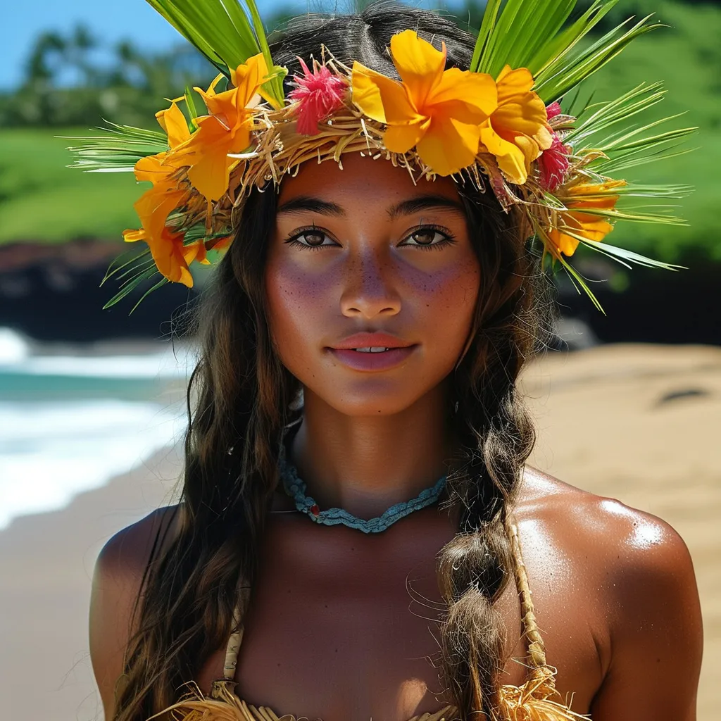 Prompt: Polynesian girl at waimea beach, pretty, sun kissed skin