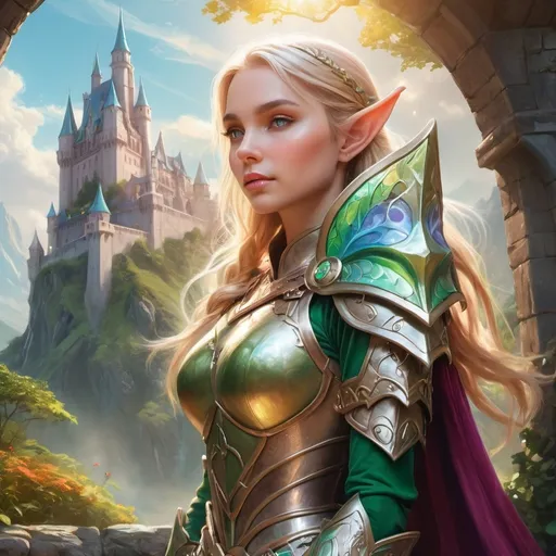 Prompt: Elf ranger in a mystical castle around sunlight, Artgerm style,