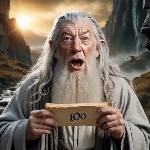 Prompt: Gandalf de o Senhor dos Anéis com os olhos arregalados e boca aberta segurando um cartaz com a seguinte inscrição: 100