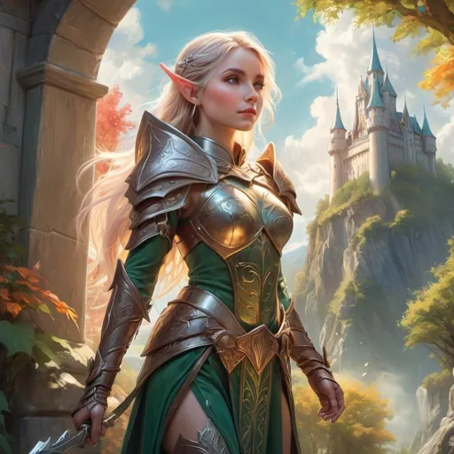 Prompt: Elf ranger in a mystical castle around sunlight, Artgerm style,