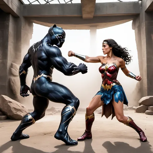 Prompt: Black Panther punches Wonder Woman in the face. Full body image. Panoramic. Hyper-realistic.