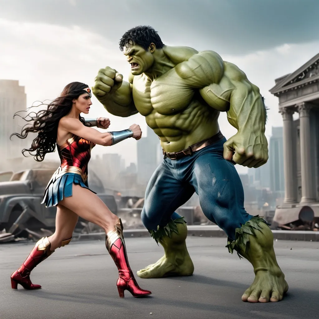 Prompt: Hulk punches Wonder Woman in the face. Full body image. Panoramic. Hyper-realistic.