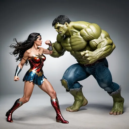 Prompt: Hulk punches Wonder Woman in the face. Full body image. Panoramic. Hyper-realistic.