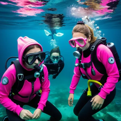 Prompt: Scuba diving girl in pink zip up hoodie and regulator underwater and all diving gear 
Her friend is drowning