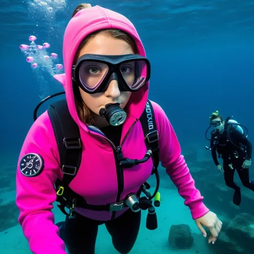 Prompt: Scuba diving girl in pink zip up hoodie and regulator underwater and all diving gear 
