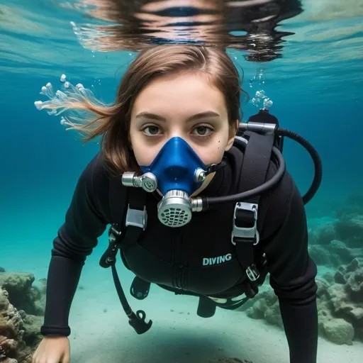 Prompt: Girl scuba diving with a zip up hoodie also with diving gear and a mask she is also drowning 