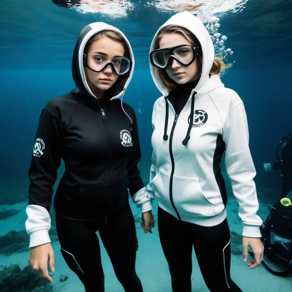 Prompt: Scuba diving girl in white and black on the side zip up hoodie and regulator underwater and all diving gear 
Her friend is drowning and she is saving her life