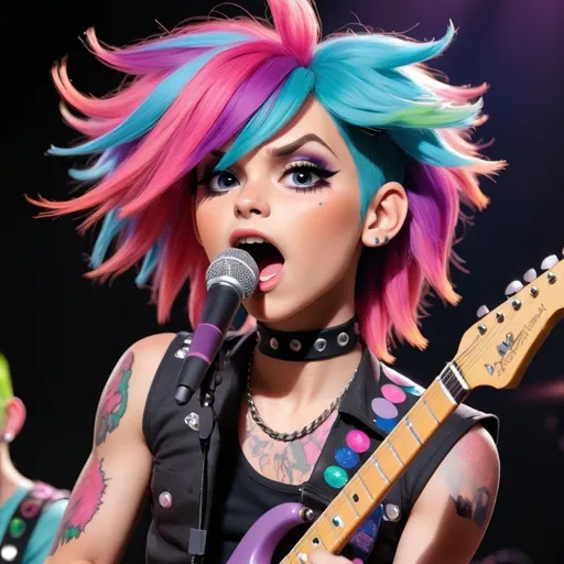 Prompt: a femboy on a femboy rock band with coloured hair singing