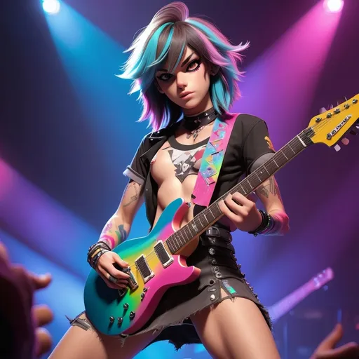 Prompt: a femboy rocking hard with a guitar on a full stage with colours lights, entire bbody, 4k, rock clothes