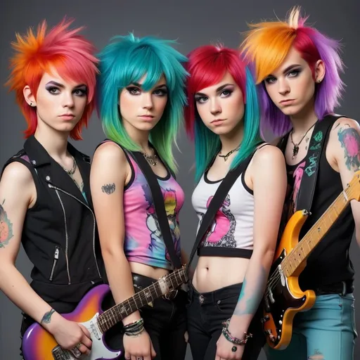 Prompt: a full femboy rock band with coloured hairs