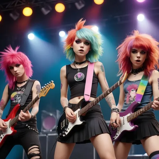 Prompt: a full femboy rock band with coloured hairs on a stage,4k