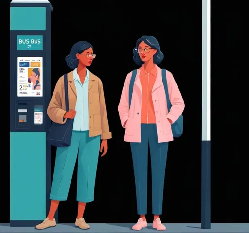 Prompt: group of age, race and gender diverse people standing in front of a bus stop with a bus ticket machine in the background and a bus stop sign in the foreground, Atey Ghailan, les automatistes, colorful flat surreal design, a storybook illustration. women must be wearing long
 pants. The image background must be white