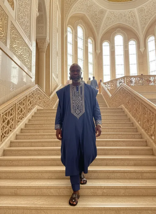 Prompt: Tall young Nigeria Muslim man walking down the steer case of a big mosque, detailed clothing, realistic, natural lighting