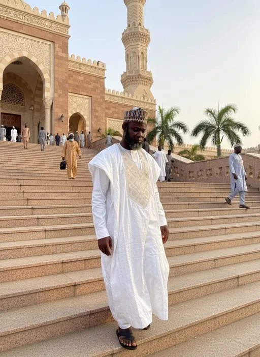 Prompt: Tall young Nigeria Muslim man walking down the steer case of a big mosque, detailed clothing, realistic, natural lighting