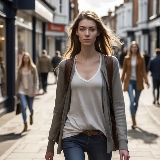 Prompt: Tall young woman walking down the high street, detailed clothing, realistic, natural lighting