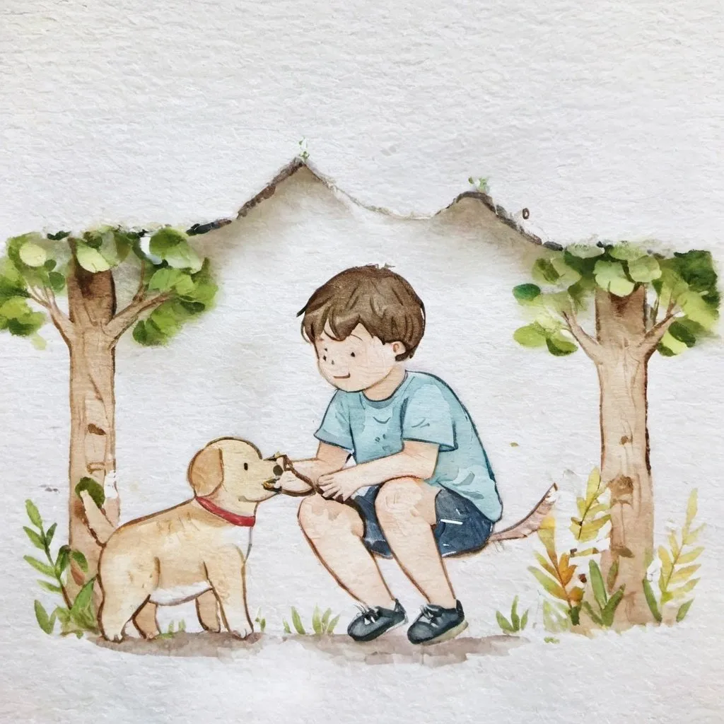 Prompt: a boy and his old pet dog