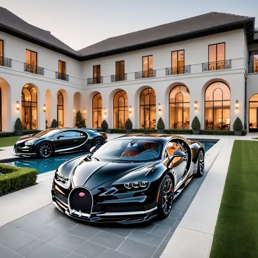 Prompt: 6 black Bugatti Chiron Super Sport 300+ parking in a row in a massive yard with a pool outside a massive, opulent penthouse, 