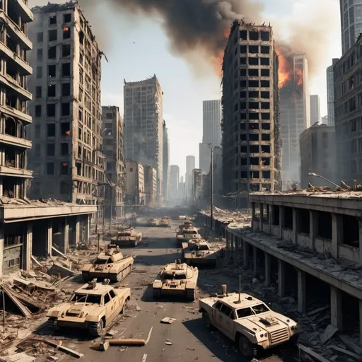 Prompt: Post-apocalyptic metropolis city, destroyed military tanks, fire burning all over the city, heavily destroyed skyscrapers, tons of skyscrapers, each buildings were cut in half, fallen parts of buildings all over the ground