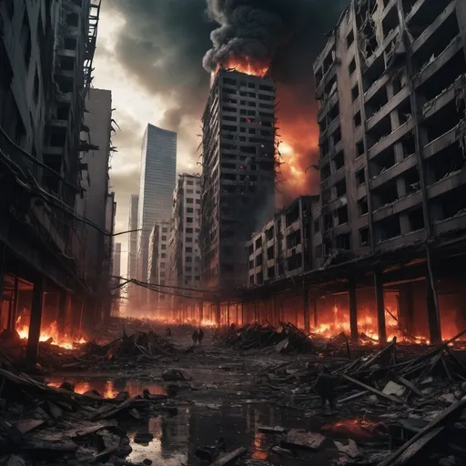 Prompt: Extremely destroyed city, badly destroyed skyscrapers, road, smashed buildings at the sides. Rotting human corpses all over the place, headless, entrails hanging out, terror, gore, bloody buildings, lots of skyscrapers. Fire burning all over, eerie atmosphere, pretty dark sky.