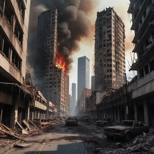 Prompt: Extremely destroyed city, badly destroyed skyscrapers, road, smashed buildings at the sides. Rotting human corpses all over the place, headless, entrails hanging out, terror, gore, bloody buildings, lots of skyscrapers. Fire burning all over, eerie atmosphere, slightly bright sky, a destroyed tank on the sidewalk.