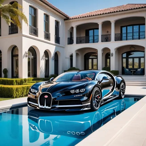 Prompt: 6 (sleek and powerful) black Bugatti Chiron Super Sport 300+ parked in a row, luxurious (opulent penthouse) in the background, expansive yard, shimmering (blue) pool reflecting sunlight, (vibrant) colors, sunny day with clear skies, (ultra-detailed), creating an atmosphere of wealth and exclusivity, grandeur and elegance embodied in every aspect of the scene.