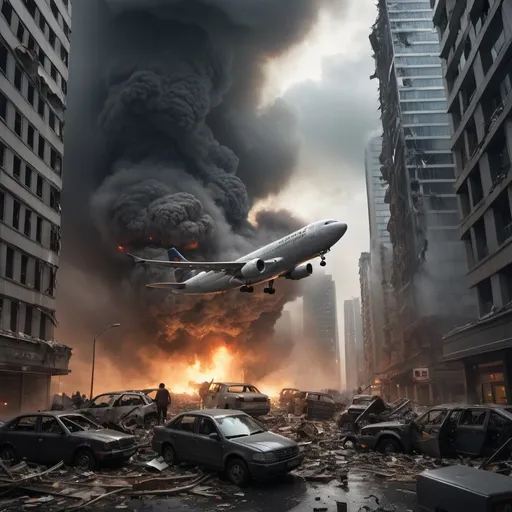 Prompt: A plane crashed down on a city.