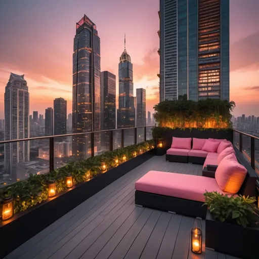 Prompt: (vibrant sunset), a stunning modern city skyline illuminated by warm hues of orange and pink, viewed from a massive, elegantly designed balcony, luxurious black outdoor furniture, lush greenery, and stylish decor, atmospheric and serene, soft golden light spilling over the edge, ultra-detailed, 4K, cinematic composition, captivating depth and perspective. Lots of modern and extremely tall skyscrapers with lights