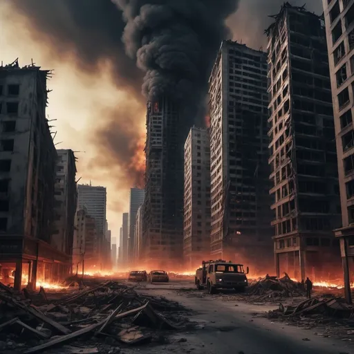 Prompt: Extremely destroyed city, badly destroyed skyscrapers, road, smashed buildings at the sides. Rotting human corpses all over the place, headless, entrails hanging out, terror, gore, bloody buildings, lots of skyscrapers. Fire burning all over, eerie atmosphere, slightly bright sky, a destroyed tank on the sidewalk. Midnight.