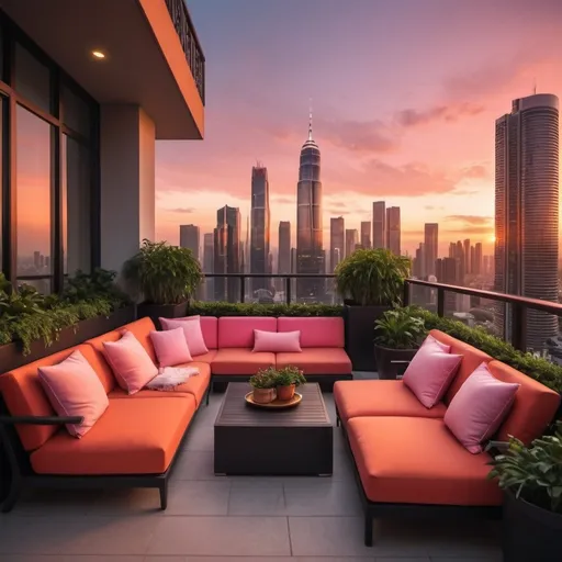 Prompt: (vibrant sunset), a stunning modern city skyline illuminated by warm hues of orange and pink, viewed from a massive, elegantly designed balcony, luxurious red outdoor furniture, lush greenery, and stylish decor, atmospheric and serene, soft golden light spilling over the edge, ultra-detailed, 4K, cinematic composition, captivating depth and perspective. Lots of modern and extremely tall skyscrapers with lights