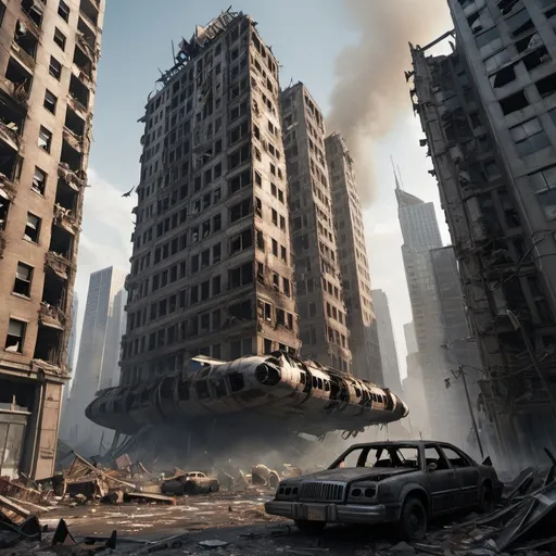 Prompt: A heavily destroyed plane crashed down on a post-apocalyptic metropolis city, completely destroyed skyscrapers.