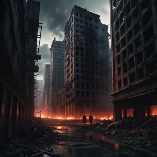 Prompt: Extremely destroyed city, badly destroyed skyscrapers, road, smashed buildings at the sides. Rotting human corpses all over the place, headless, entrails hanging out, terror, gore, bloody buildings, lots of skyscrapers. Fire burning all over, eerie atmosphere, pretty dark sky.