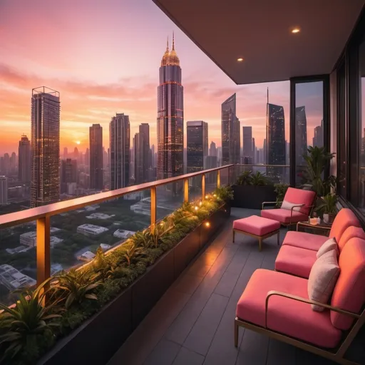 Prompt: (vibrant sunset), a stunning modern city skyline illuminated by warm hues of orange and pink, viewed from a massive, elegantly designed balcony, luxurious red outdoor furniture, lush greenery, and stylish decor, atmospheric and serene, soft golden light spilling over the edge, ultra-detailed, 4K, cinematic composition, captivating depth and perspective. Lots of modern and extremely tall skyscrapers with lights