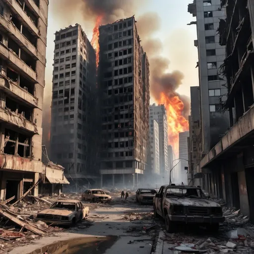 Prompt: Extremely destroyed city, badly destroyed skyscrapers, road, smashed buildings at the sides. Rotting human corpses all over the place, headless, entrails hanging out, terror, gore, bloody buildings, lots of skyscrapers. Fire burning all over, eerie atmosphere, slightly bright sky, a destroyed tank on the sidewalk.